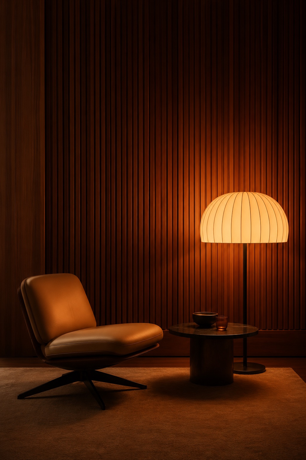 Intérieur éclairé en lumière chaude, ambiance feutrée du soir