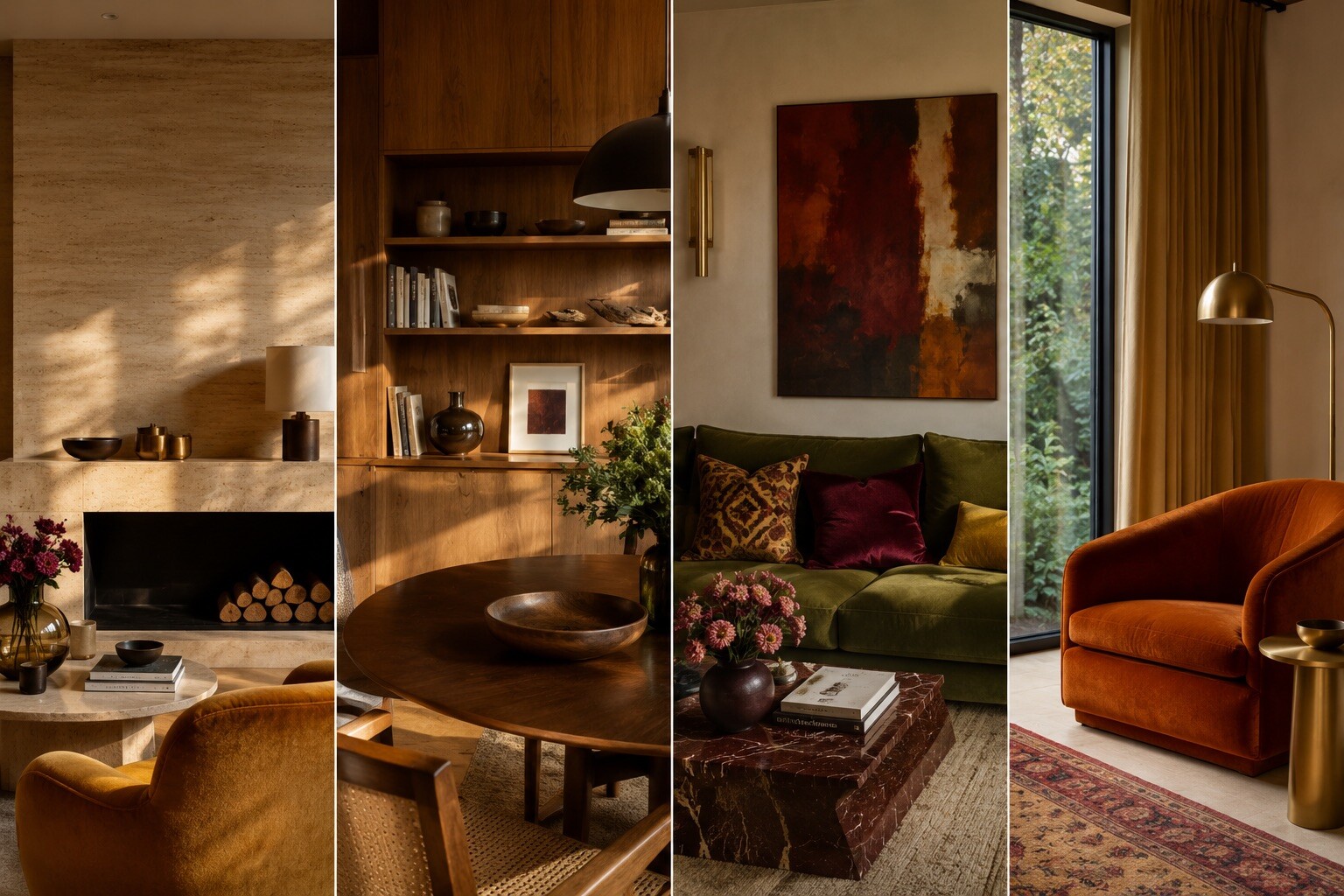Moodboard de mariage des matières : travertin, bois et velours avec accents en laiton brossé