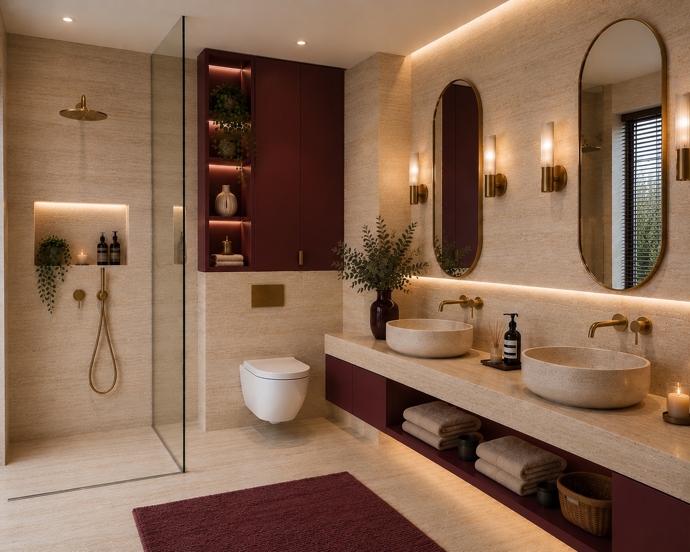 Salle de bain travertin et laiton brossé